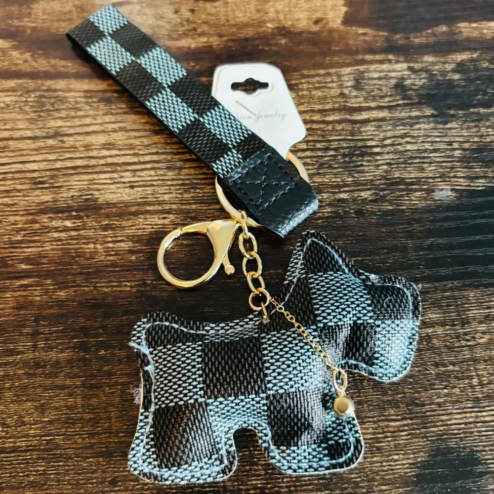 Black Gray Checkered Dog Keychain Wristlet Gold Tone Hardware Bell Charm